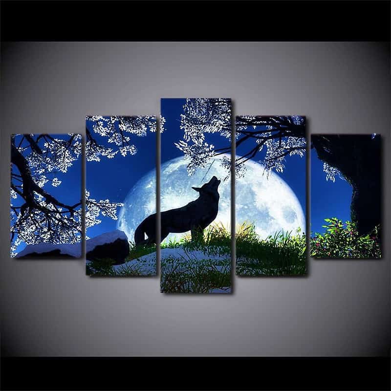 HD imprim 5 pi ces toile peintures hurlant loup bleu lune cerisier fleurs nuit mur photos 3d818124 9f8c 4aaa be0b 3bce11b9b931