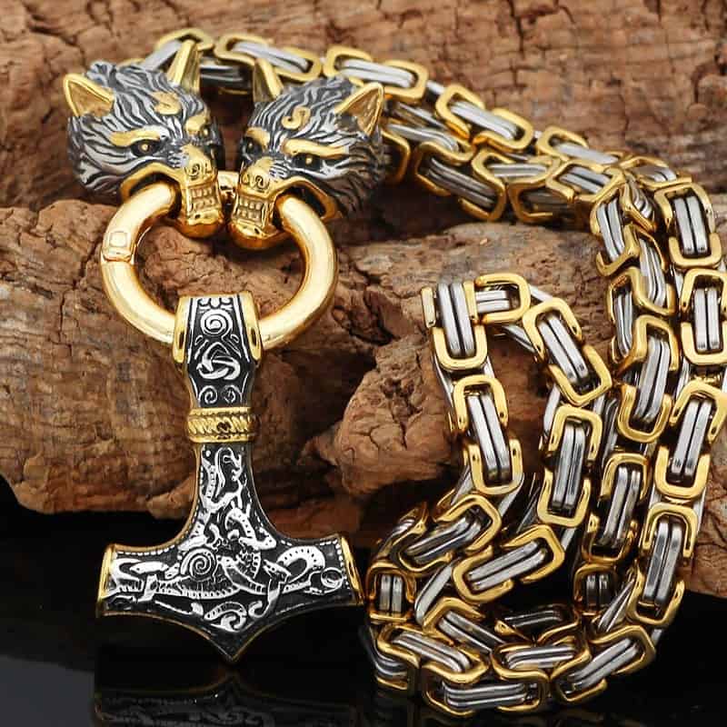 Hommes acier inoxydable t te de loup norse viking amulette thor marteau pendentif collier viking roi f1d5cc03 0618 44c4 bcd0 189c732ef465
