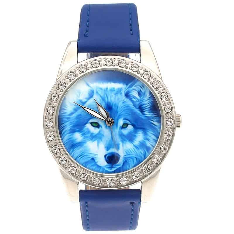 Hot marque nouveau loup cadran Animal hommes montre pour femme analogique Quartz cristal diamants en cuir